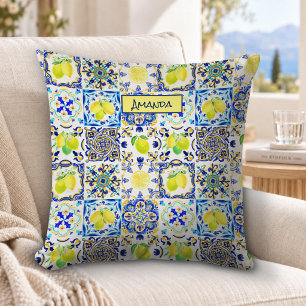 Summer Blue Mediterranean Sicilian Citrus Pattern Cushion
