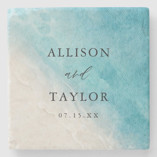 Summer Blue Ocean Beach Wedding Invitations Stone Coaster (Front)