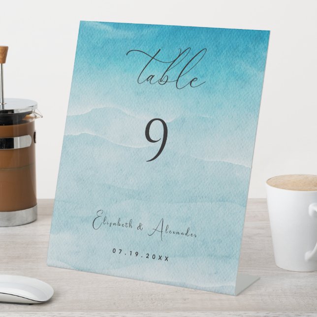 Summer Blue Ocean Beach Wedding Table Number Sign (In SItu)