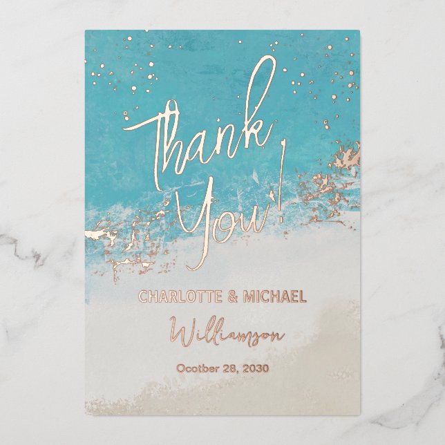 Summer Blue Ocean Photo Overlay Wedding Thank You (Front)