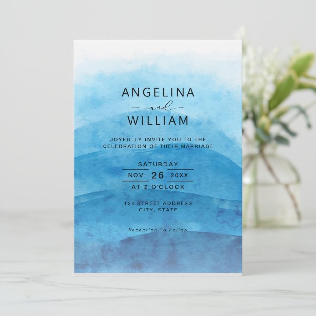 Summer Blue Ocean Watercolor Wedding Invitation (Standing Front)