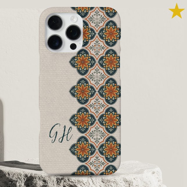 Summer Blue Orange Portuguese Tiles Monogram  iPhone Case (Creator Uploaded)