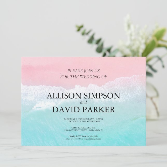 Summer Blue, Pink Ocean Beach Wedding Invitation (Standing Front)
