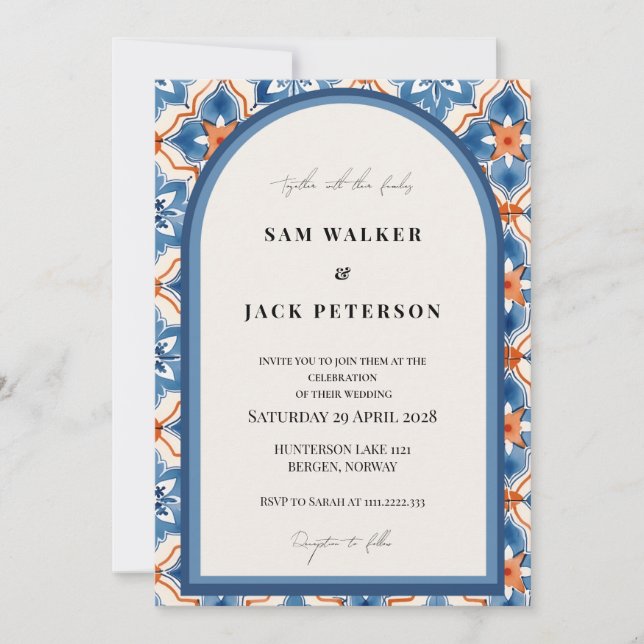 Summer Blue Red And White Moroccan Tile Wedding Invitation (Front)