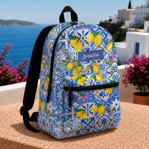 Summer Blue Sicilian Majolica Citrus Mediterranean Printed Backpack