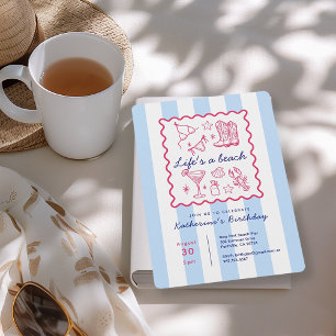 Summer Blue Stripes Beach Life Birthday Party  Invitation