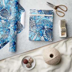 Summer Blue Waratah Florals Wrapping Paper