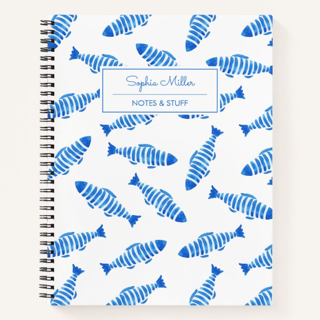 Summer Blue Watercolor Fish Personalised Name Notebook (Front)