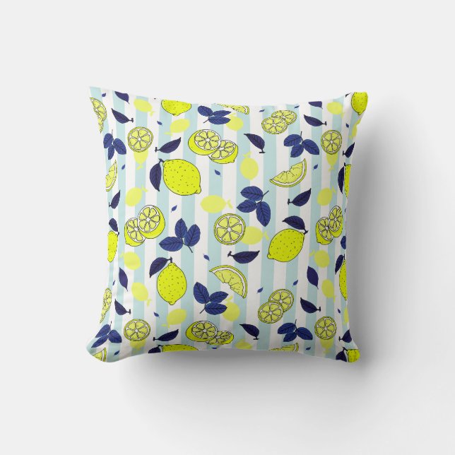 Summer Blue Yellow Lemon Slices on Blue Stripes Cushion (Front)