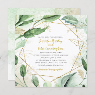 Summer Blush Leaves and Gold Geometric Wedding Invitation
