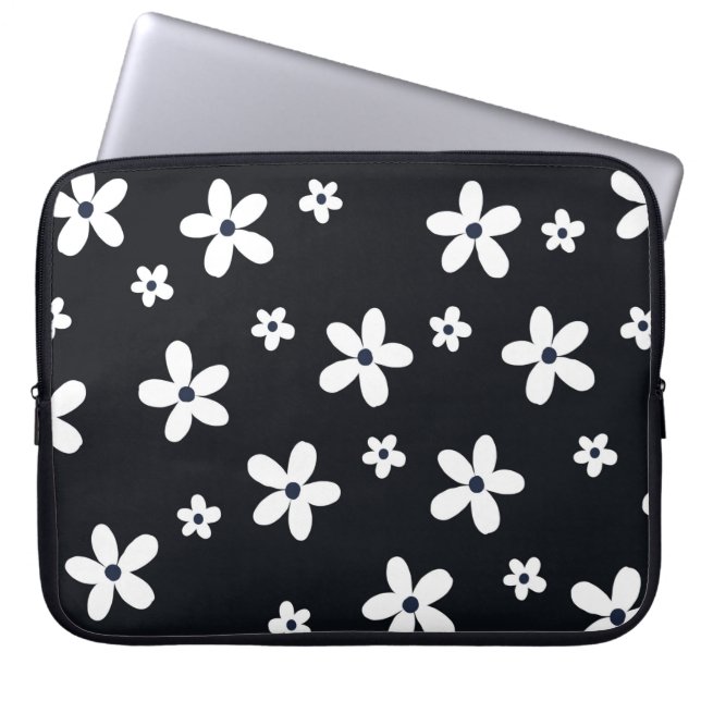 Summer Boho Black White Daisy Flowers Laptop Sleeve (Front)
