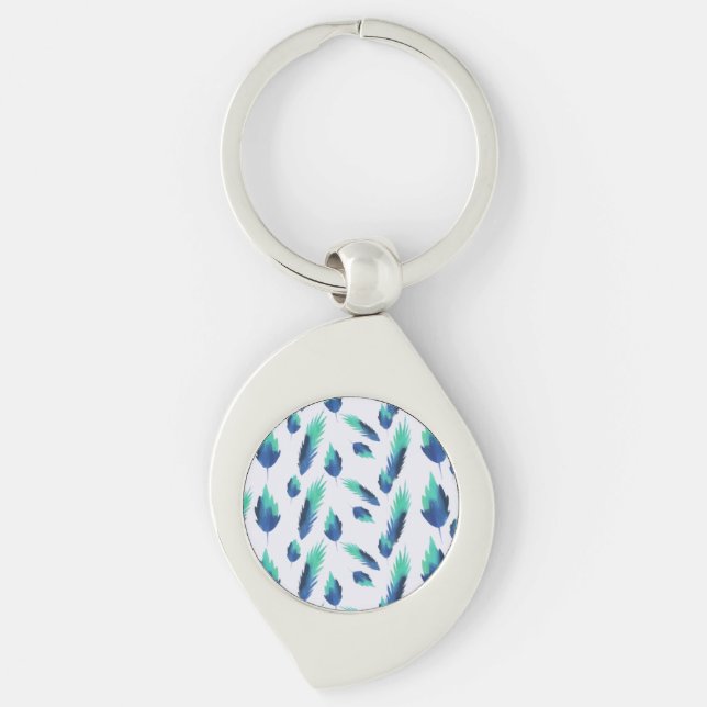 Summer Boho Blue Greenery Botanical Leaves Key Ring (Front)