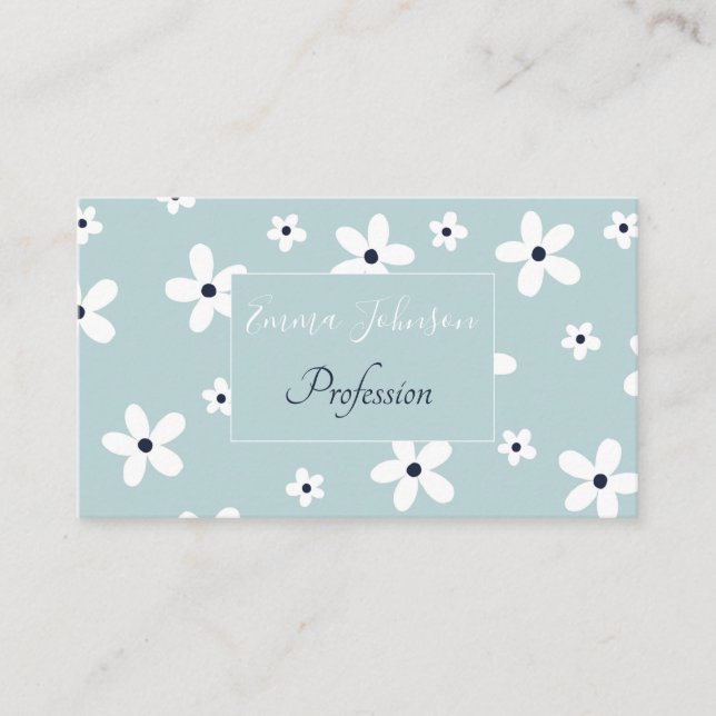 Summer Boho Blue White Daisy Flowers Business Card (Front)