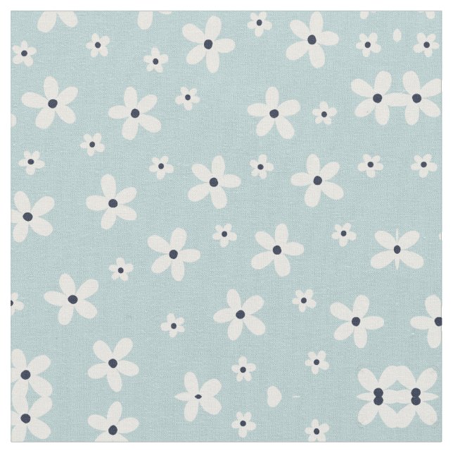 Summer Boho Blue White Daisy Flowers Fabric (Close Up)
