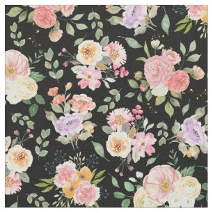Summer Boho Floral on Black Fabric