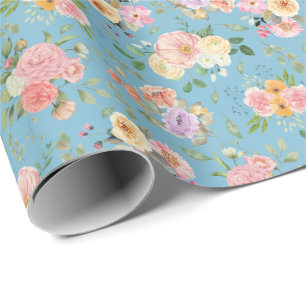 Summer Boho Floral on Blue Wrapping Paper