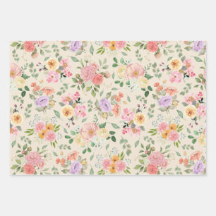 Summer Boho Floral on Pale Yellow Wrapping Paper Sheet