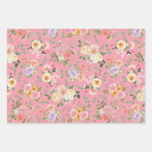 Summer Boho Floral on Rose Pink Wrapping Paper Sheet