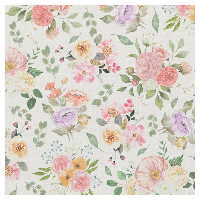 Summer Boho Floral on White Fabric (Close Up)