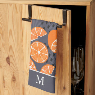 Summer Boho Oranges on Grey Monogram Tea Towel