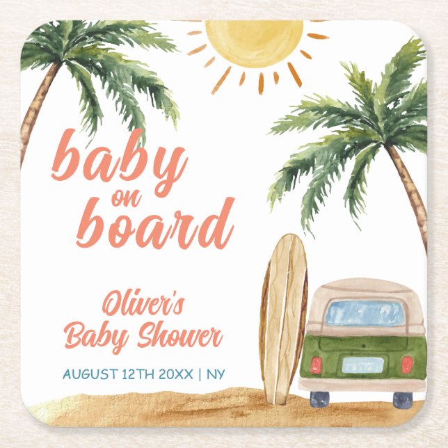 Summer Boho Surf Beach Van Baby Shower  Square Paper Coaster (Front)