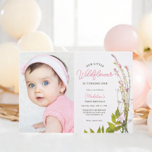 Summer boho wildflower script photo 1st birthday invitation