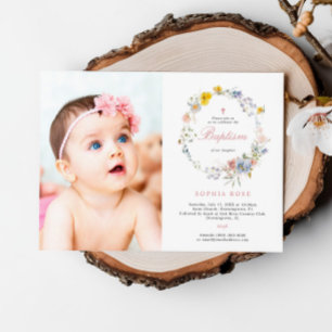 Summer Boho Wildflowers Photo Baptism Invitation