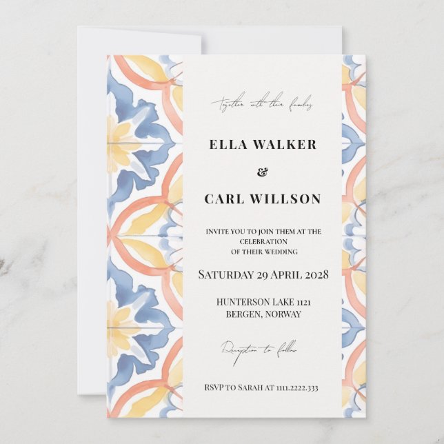 Summer Bold Orange Moroccan Tile Wedding Invitation (Front)