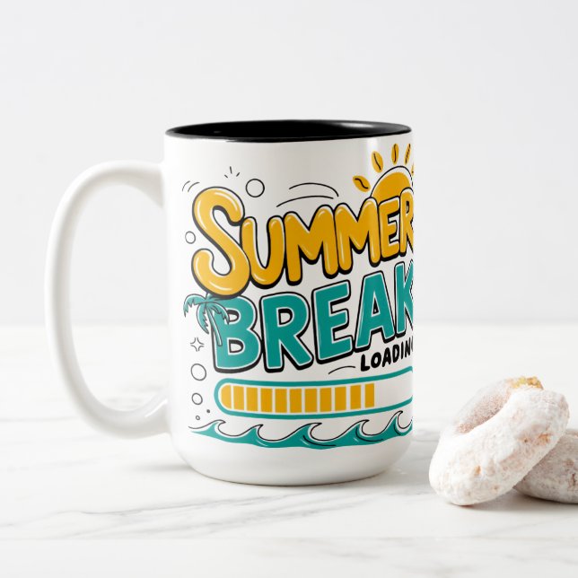 Summer Break Loading Funny Vacation Beach Graphic  Two-Tone Coffee Mug (With Donut)