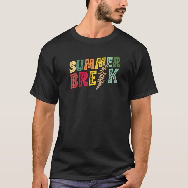 Summer Break Teacher Distressed Leopard Lightning T-Shirt (Front)