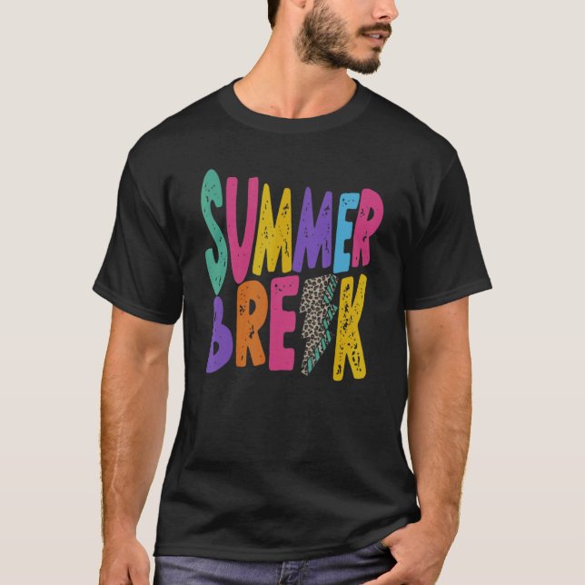 Summer Break Teacher Distressed Leopard Lightning  T-Shirt (Front)