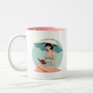 Summer Breeze Bikini Girl – Retro Beach Vibes Two-Tone Coffee Mug