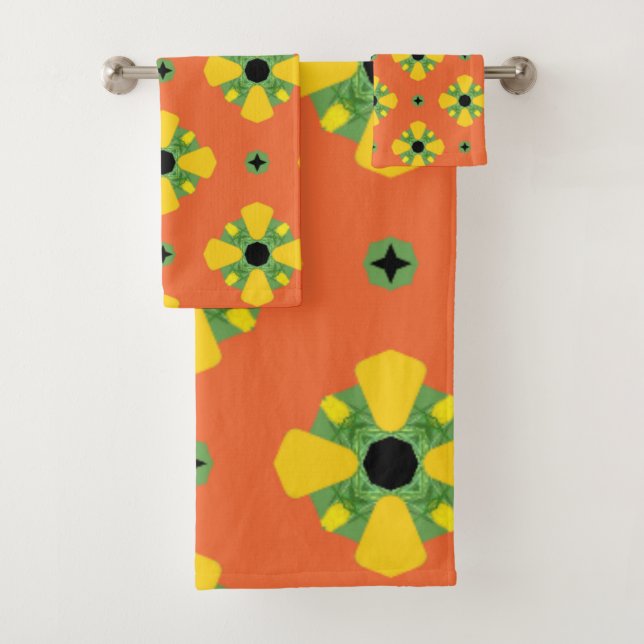 Summer Bright Orange Yellow Green Diamond Pattern Bath Towel Set (Insitu)