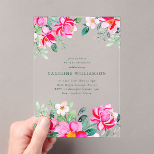 Summer Bright Pink Watercolor Floral Bridal Shower Acrylic Invitations