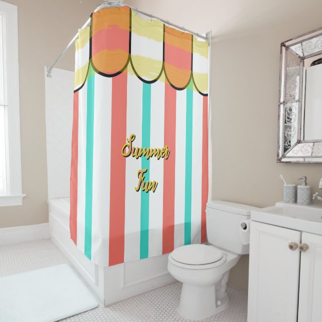 Summer Cabana Coral Turquoise Yellow Stripes Shower Curtain (In Situ)