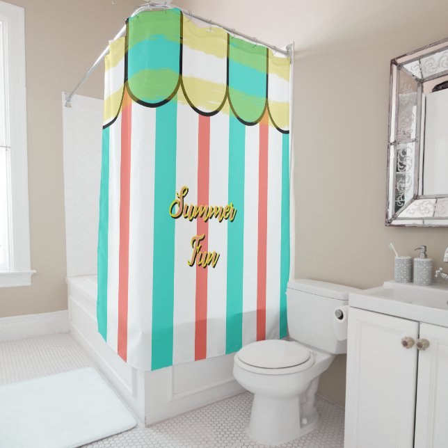 Summer Cabana Turquoise Coral Yellow Stripes Shower Curtain (In Situ)