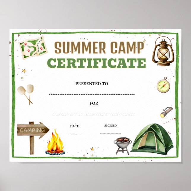 Summer camp certificate award editable poster (Front)