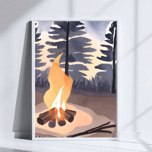 Summer Campfire Watercolor Nature Landscape Poster