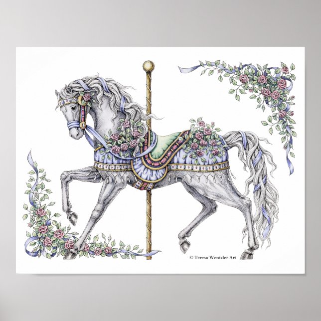 Summer Carousel Horse Pen and Ink Drawing Poster (Front)