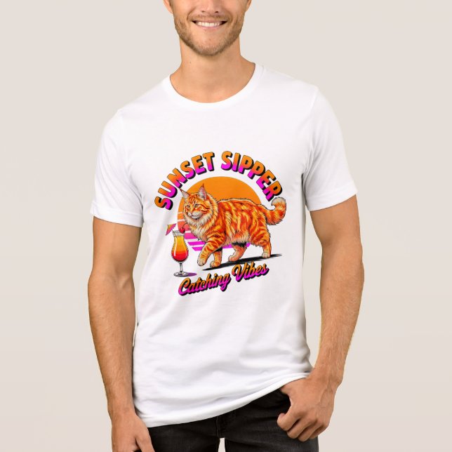 Summer Cat Sunset Sipper - Funny Retro Beach Tri-Blend Shirt (Front)