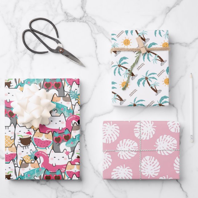 Summer Cat Tropical Tree Wrapping Paper Sheet (Front)