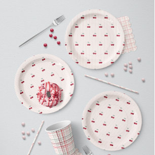 Summer Cherry Stripe Botanical Picnic Paper Plate