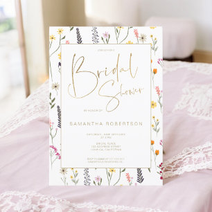 Summer chic wild flowers gold script bridal shower invitation