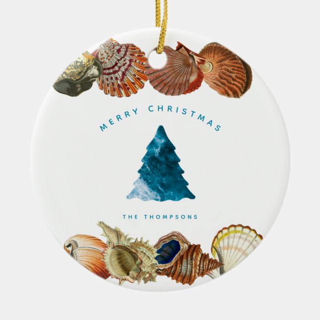 Summer Christmas Beach Seashell Custom Name  Ceramic Ornament (Front)