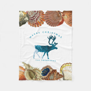 Summer Christmas Beach Seashell Deer  Fleece Blanket