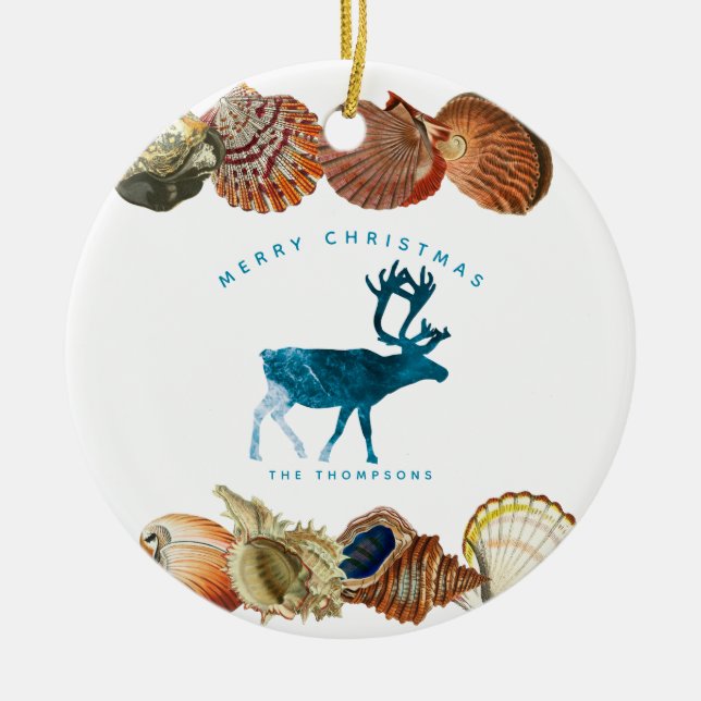 Summer Christmas Beach Seashell Reindeer Ceramic Ornament (Front)