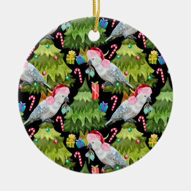 Summer Christmas Cockatoo Pattern Ceramic Ornament (Front)