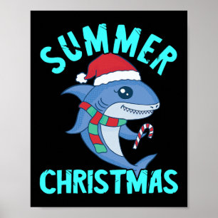 Summer Christmas In July Cute Santa Shark Fish Xma Poster