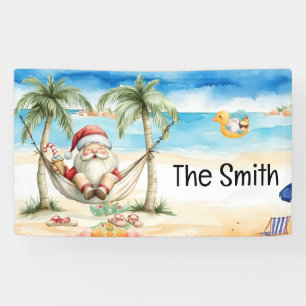 Summer Christmas in July Santa Claus on beach Banner