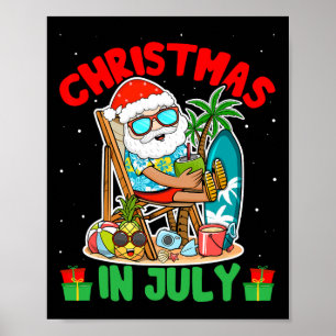 Summer Christmas In July - Tropical Santa Surfing Poster